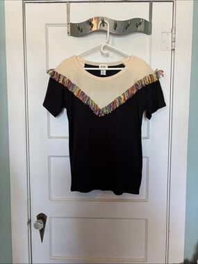 BiBi Black & Cream Short Sleeve Top with Multicolor Fringe Size M